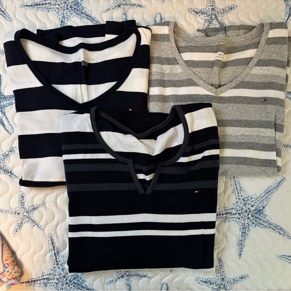 3 Tommy Hilfiger Navy, Gray, & Black Striped V-neck short and long sleeve shirts